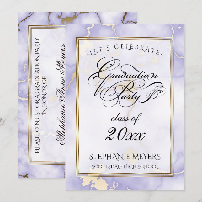 Graduation Party Violet & Gold  Marble Invitation (Front/Back)