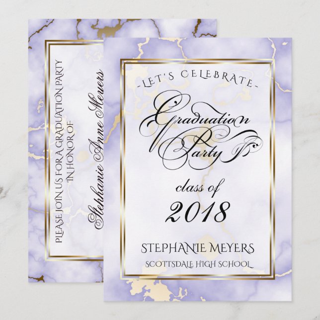 Graduation Party Violet & Gold  Marble Invitation (Front/Back)