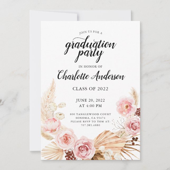Graduation Party Watercolor Blush Pink Floral   Invitation (Front)