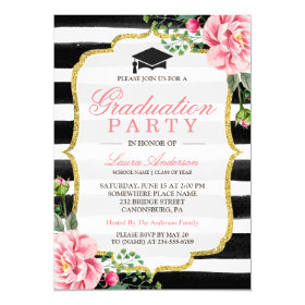 Graduation Party Watercolor Floral Gold Glitter Card