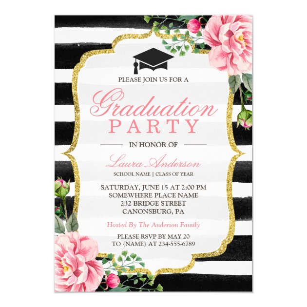 Graduation Party Watercolor Floral Gold Glitter Card (front side)