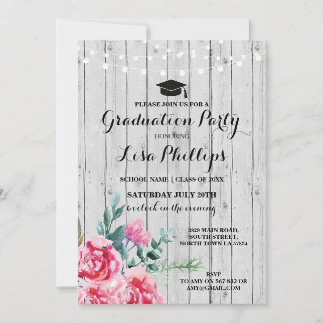 Graduation Party Watercolor Floral Wood Invite (Front)