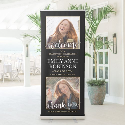 Graduation Party Welcome 2 Photo Black and Gold Retractable Banner