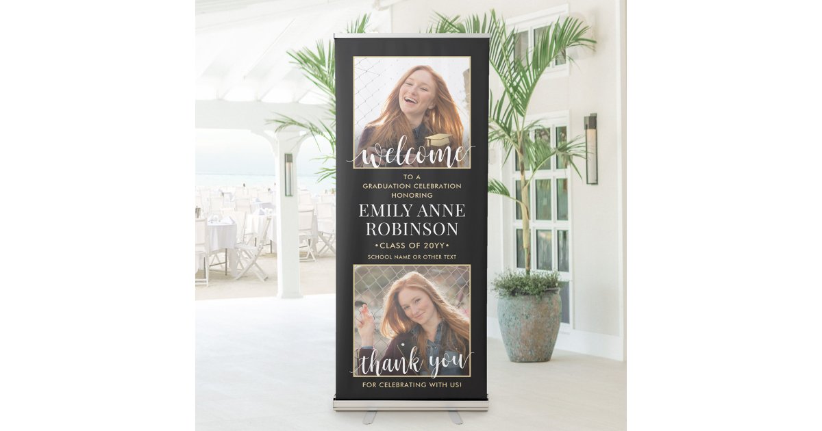 Graduation Party Welcome 2 Photo Black and Gold Retractable Banner | Zazzle