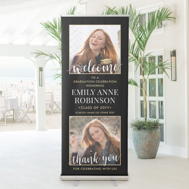 Graduation Party Welcome 2 Photo Black and Gold Retractable Banner (Creator Uploaded)