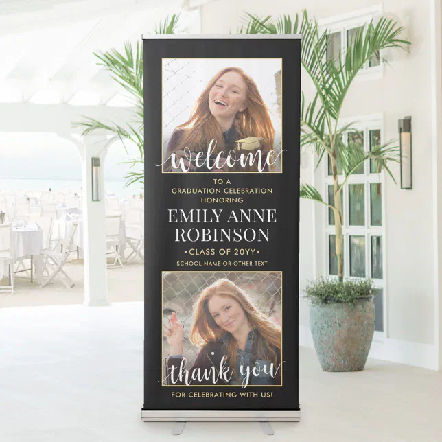 Graduation Party Welcome 2 Photo Black and Gold Retractable Banner | Zazzle