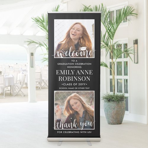 Graduation Party Welcome 2 Photo Black and White Retractable Banner