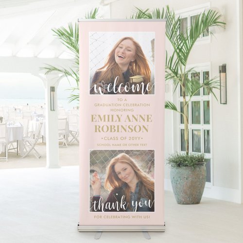 Graduation Party Welcome 2 Photo Blush Pink  Gold Retractable Banner