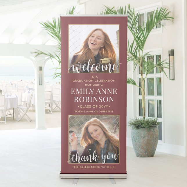 Graduation Party Welcome 2 Photo Burgundy and Gold Retractable Banner (Creator Uploaded)