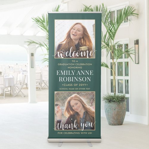 Graduation Party Welcome 2 Photo Green and Gold Retractable Banner
