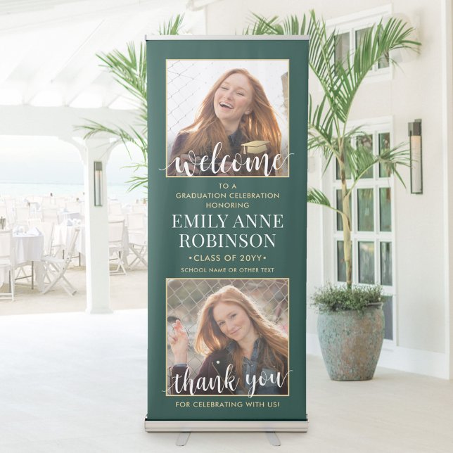 Graduation Party Welcome 2 Photo Green and Gold Retractable Banner (Creator Uploaded)