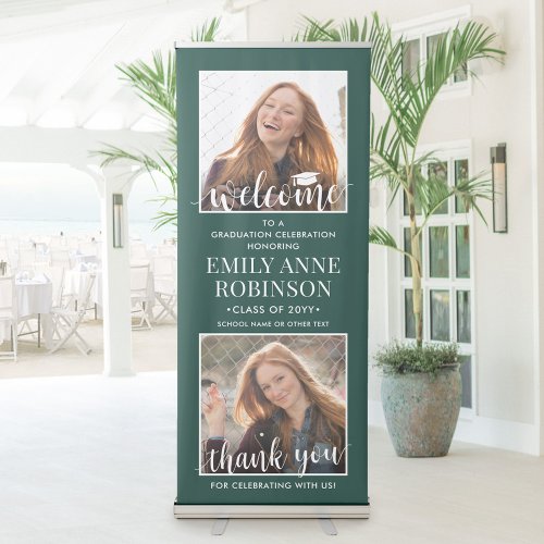 Graduation Party Welcome 2 Photo Green and White Retractable Banner