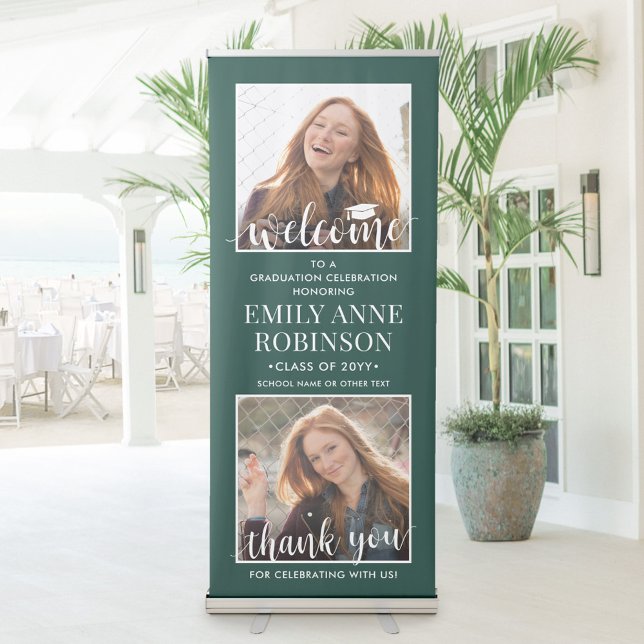 Graduation Party Welcome 2 Photo Green and White Retractable Banner (Creator Uploaded)