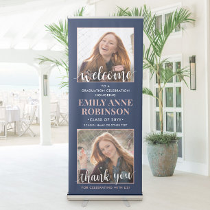 Graduation Party Welcome 2 Photo Navy Blue & Pink Retractable Banner