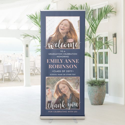 Graduation Party Welcome 2 Photo Navy Blue  Pink Retractable Banner