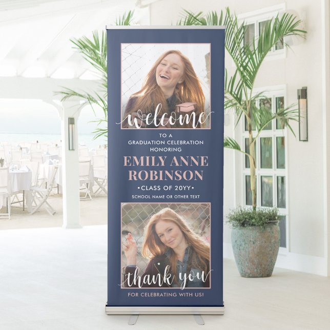 Graduation Party Welcome 2 Photo Navy Blue & Pink Retractable Banner (Creator Uploaded)