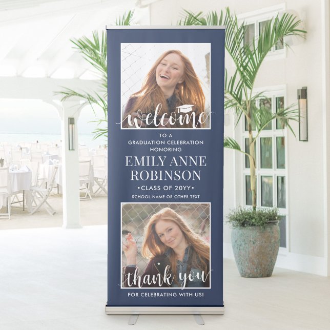 Graduation Party Welcome 2 Photo Navy Blue & White Retractable Banner (Creator Uploaded)