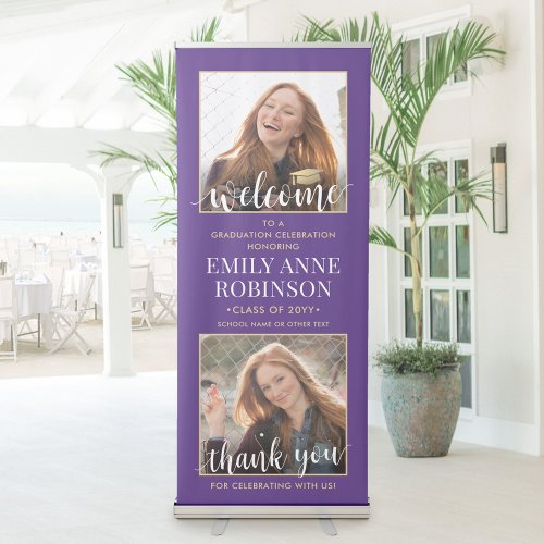 Graduation Party Welcome 2 Photo Purple and Gold Retractable Banner