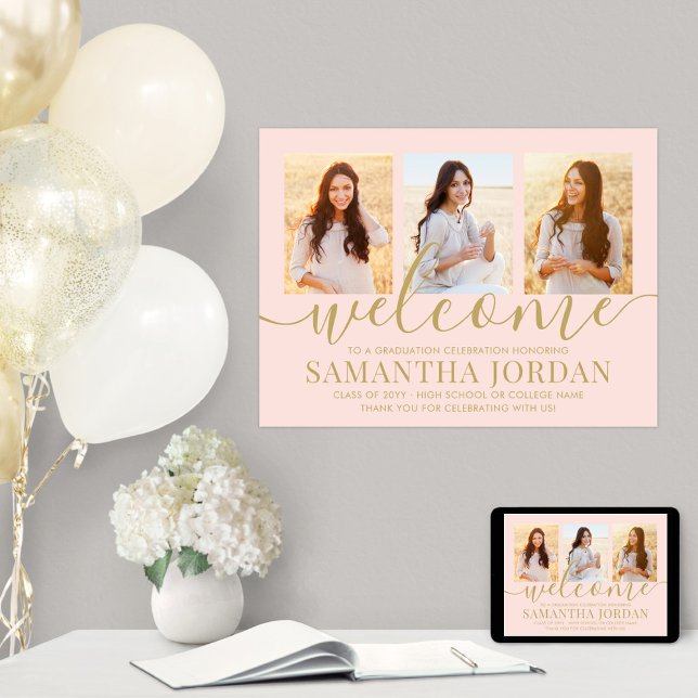 Graduation Party Welcome 3 Photo Blush Pink & Gold Poster (Creator Uploaded)