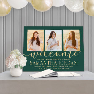 Graduation Party Welcome 3 Photo Green and Gold Foam Board