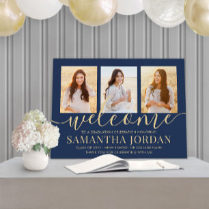 Graduation Party Welcome 3 Photo Navy Blue & Gold Foam Board
