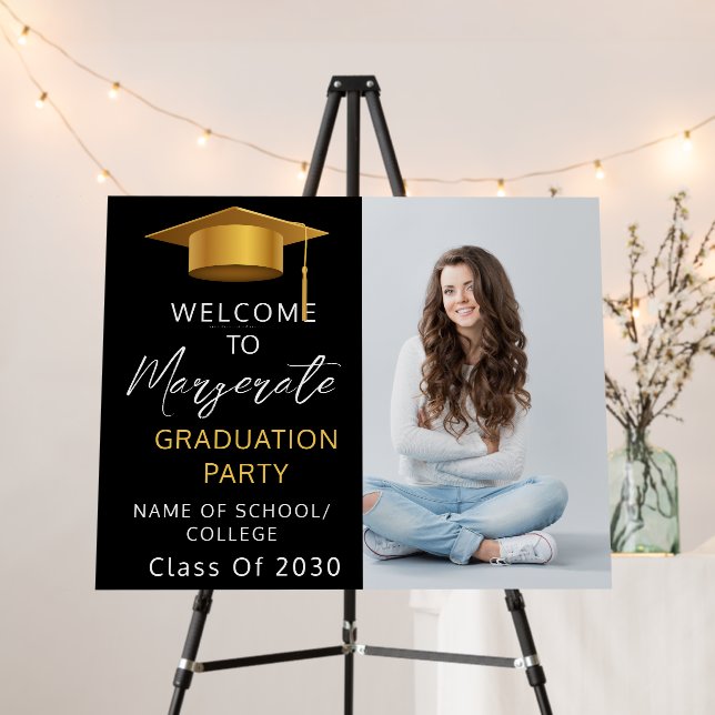 Graduation Party Welcome Black Gold Script Photo  Foam Board (In Situ (Stand))