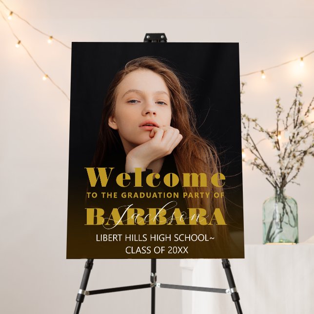 Graduation Party Welcome Black Gold Script Photo  Foam Board (In Situ (Stand))
