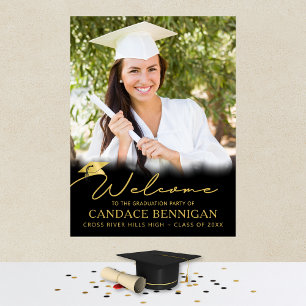 Graduation Party Welcome Black Gold Script Photo Poster