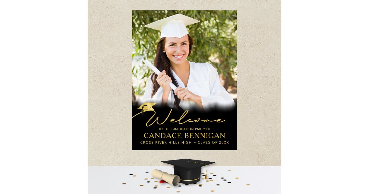 Graduation Party Welcome Black Gold Script Photo Poster | Zazzle
