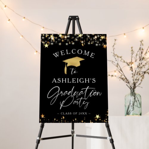 Graduation Party Welcome Black Gold Script Stars Foam Board