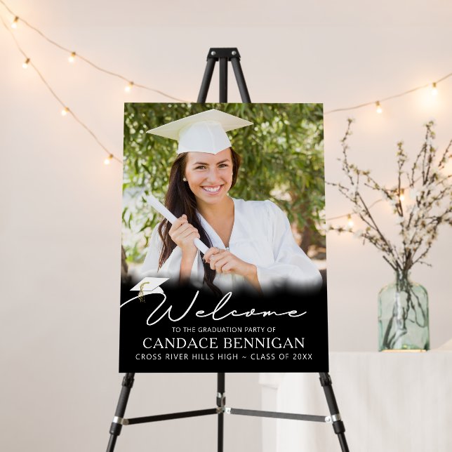 Graduation Party Welcome Black White Script Photo Foam Board (In Situ (Stand))