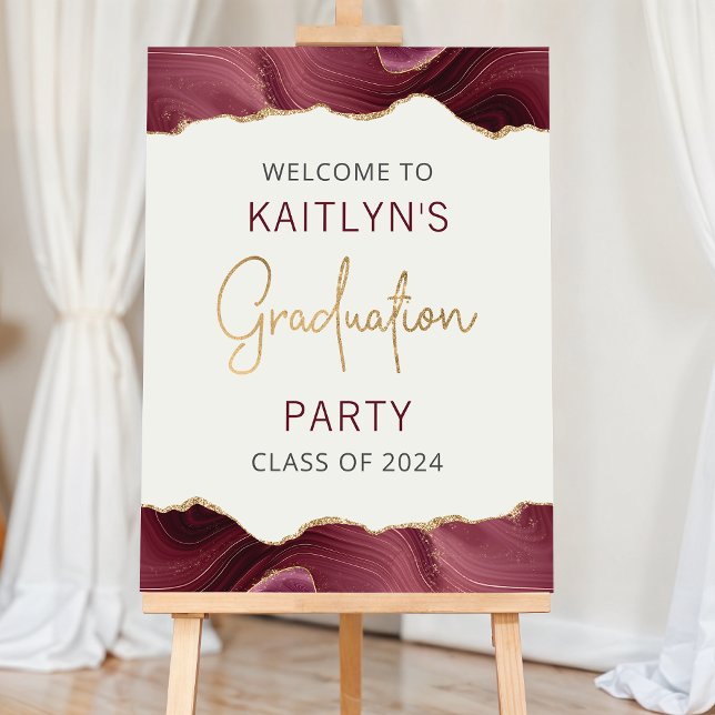 Graduation Party Welcome Burgundy Gold Agate Foam Board (Creator Uploaded)