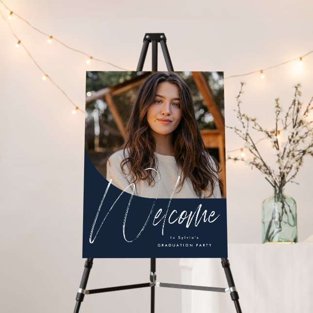 Graduation party welcome modern navy photo foam board (In Situ (Stand))