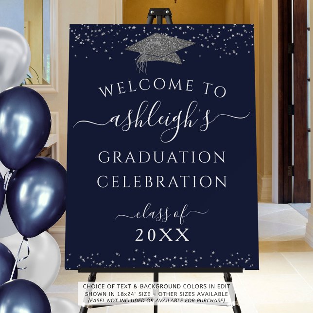 Graduation Party Welcome Navy Blue Silver Glitter Foam Board (Creator Uploaded)