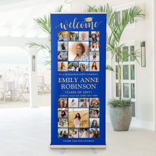 Graduation Party Welcome Photo Collage Blue & Gold Retractable Banner