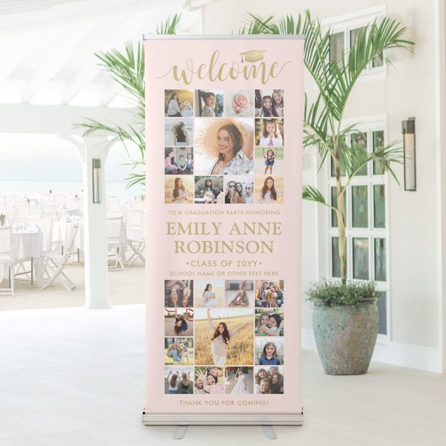 Graduation Party Welcome Photo Collage Blush Pink Retractable Banner (Creator Uploaded)