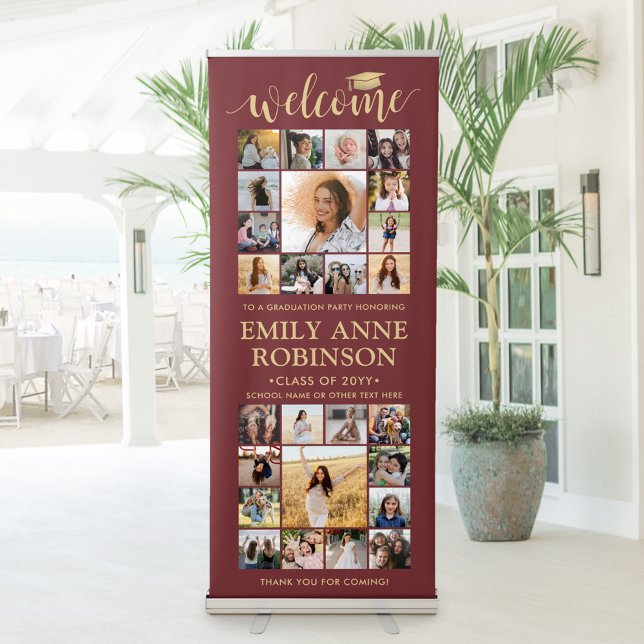 Graduation Party Welcome Photo Collage Burgundy Retractable Banner (Creator Uploaded)
