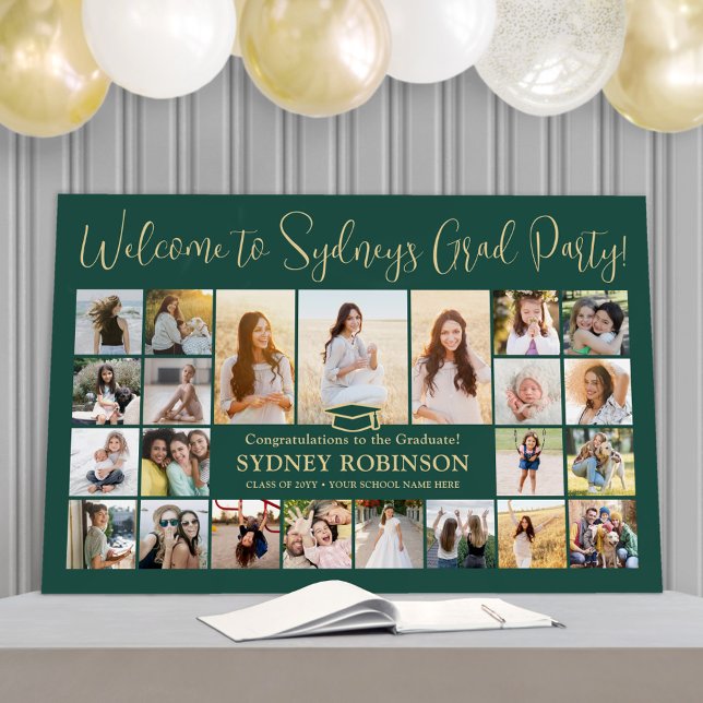 Graduation Party Welcome Photo Collage Green Gold Foam Board (Creator Uploaded)