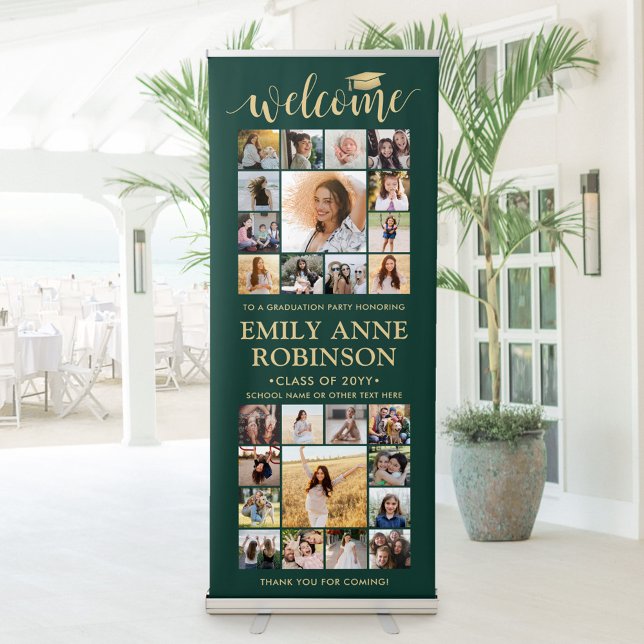 Graduation Party Welcome Photo Collage Green Gold Retractable Banner (Creator Uploaded)