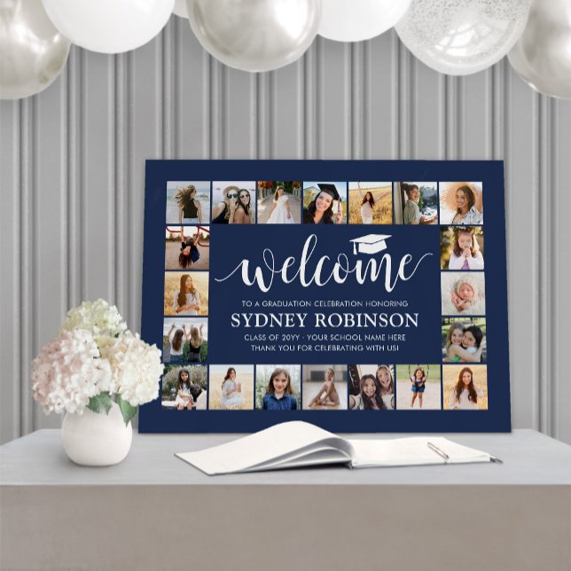 Graduation Party Welcome Photo Collage Navy Blue Foam Board (Creator Uploaded)