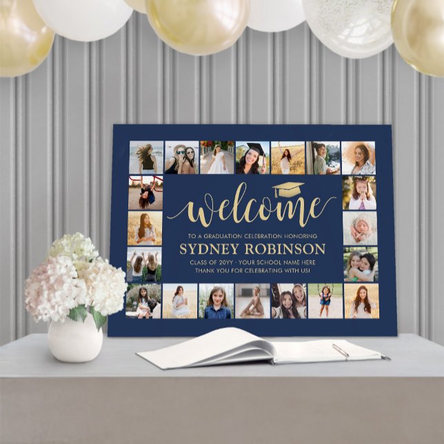 Graduation Party Welcome Photo Collage Navy & Gold Foam Board (Creator Uploaded)