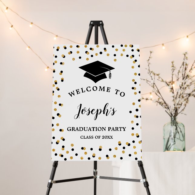Graduation Party Welcome Sign Black & Gold Glitter (In Situ (Stand))