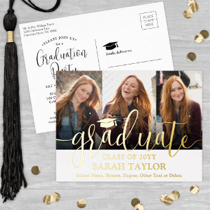 Graduation Party White 3 Photo Modern Script Foil Invitation Postcard