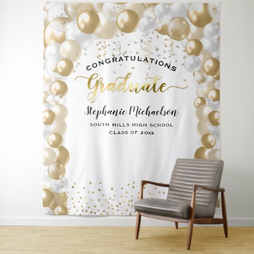 Graduation Party White Gold Balloons Streamer Tapestry