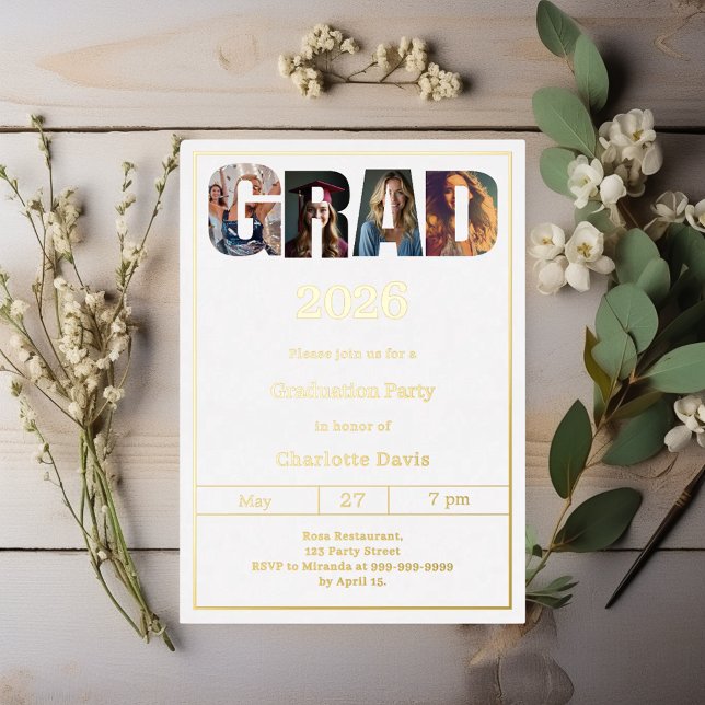 Graduation party white gold grad photo luxury foil invitation (Creator Uploaded)