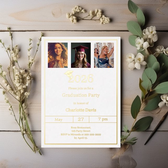Graduation party white gold photo luxury foil invitation (Creator Uploaded)