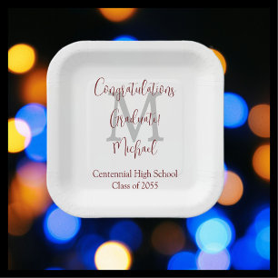 Graduation Party White Gray Burgundy Name Monogram Paper Plates