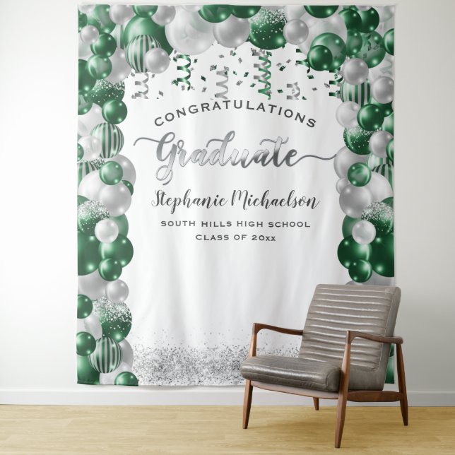 Graduation Party White Green Balloons Streamer Tapestry (In Situ)