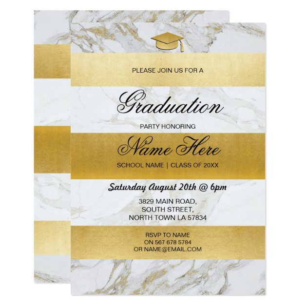 Graduation Party White Marble Gold Invite Stripe