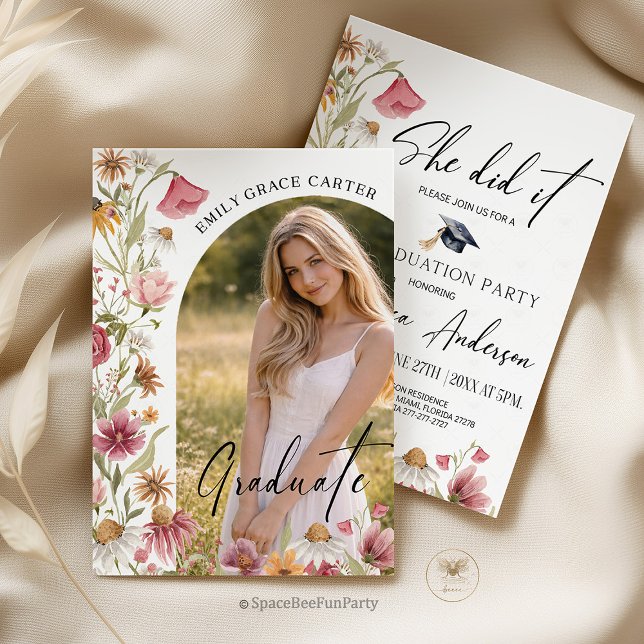 Graduation Party  Wildflower Photo Invitation (Graduation Party Wildflower is a charming collection of boho-inspired invitations featuring delicate)
